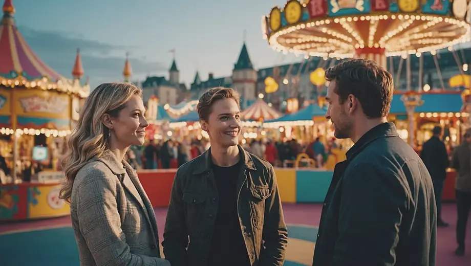 A customer and a professional discuss plans at a vibrant funfair, surrounded by colorful rides and festive decorations.