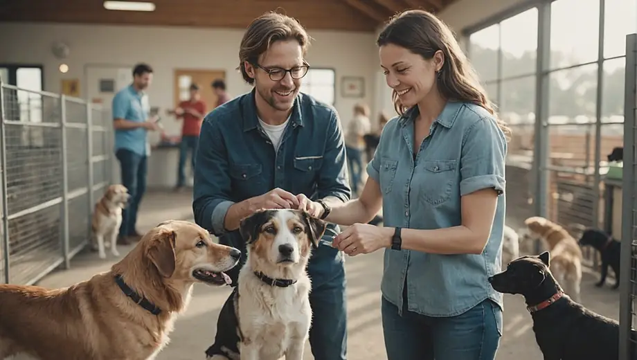 A customer interacts with a professional at an animal shelter, discussing pet adoption while surrounded by playful dogs and cats in a welcoming environment.
