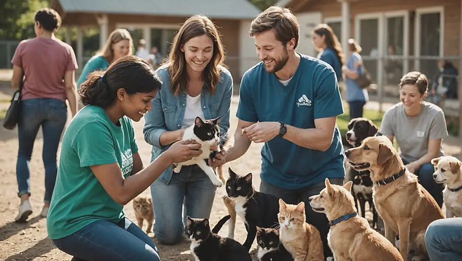 A diverse group of volunteers at an animal shelter interacts with cats and dogs, providing care and affection while helping to find them loving homes.