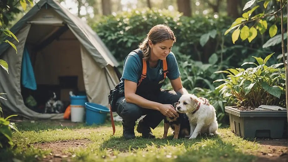 A dedicated animal rescue volunteer kneels beside a small dog in need, surrounded by lush greenery and a makeshift shelter, showcasing compassion and commitment to helping animals in distress.