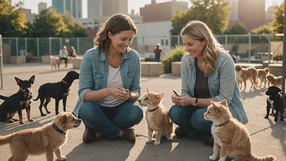 A customer and a professional discuss pet adoption at a local shelter, surrounded by playful puppies and kittens in a welcoming environment.