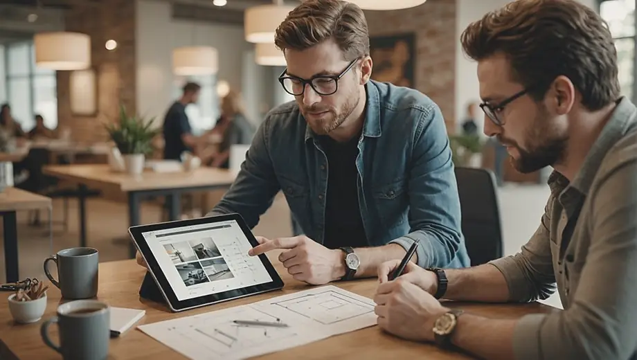 A customer and a professional collaborate on-site, discussing app development strategies while reviewing design sketches on a tablet.
