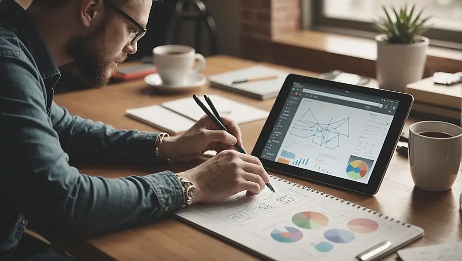 A person focused on app design sits at a desk, sketching ideas on a tablet surrounded by notes and design tools.