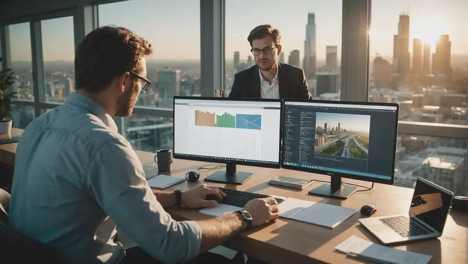 A customer discusses project requirements with a professional on site, surrounded by laptops and whiteboards, highlighting the collaborative process of software development.