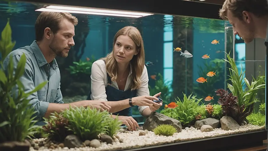 A customer and a professional discuss the installation of a new aquarium in a bright, spacious room filled with aquatic plants and colorful fish.