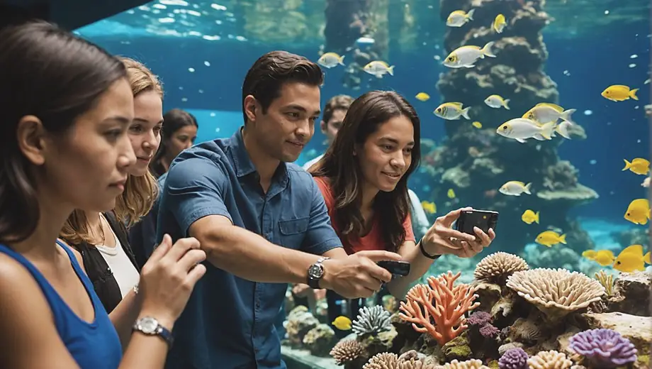 A diverse group of visitors marvels at the vibrant marine life in an aquarium exhibit, pointing and taking photos as colorful fish swim gracefully among coral reefs.