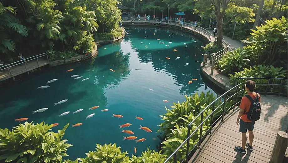 A person stands on a pathway in a marine life park, surrounded by vibrant aquatic exhibits and lush greenery, observing colorful fish swimming in a large tank.