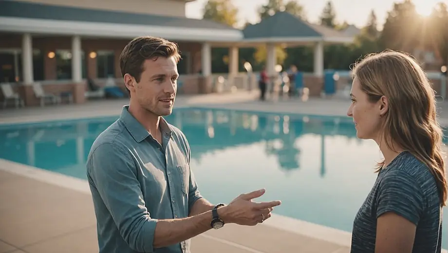 A customer discusses facility features with a professional at an aquatic center, surrounded by pools and aquatic equipment.