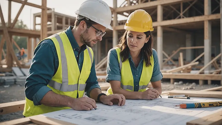 A customer and a professional discuss architectural plans on site, surrounded by construction materials and blueprints, highlighting the collaboration in the design process.