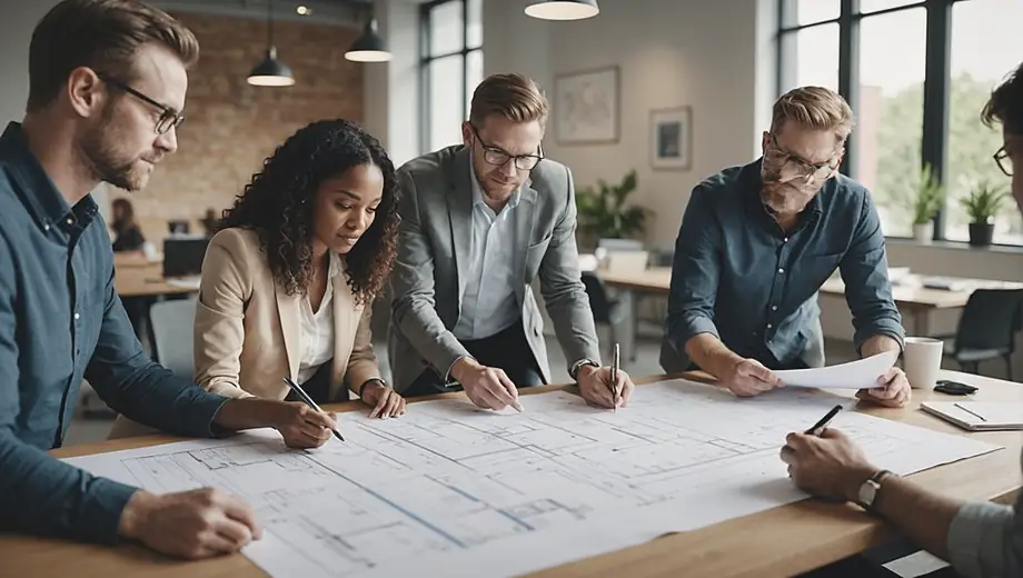 A diverse group of professionals from an architectural firm collaborates around a large table, reviewing blueprints and discussing design ideas in a bright, modern office space.