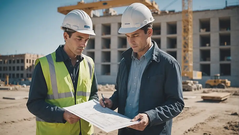 A person stands on a construction site, reviewing blueprints for an innovative building design under a clear blue sky.