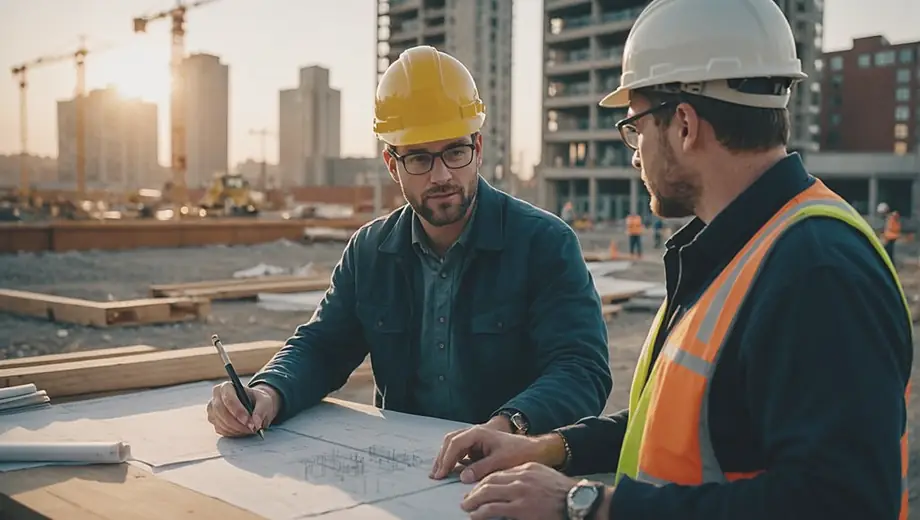 A customer discusses project details with a professional from an architecture company on a construction site, surrounded by blueprints and building materials.