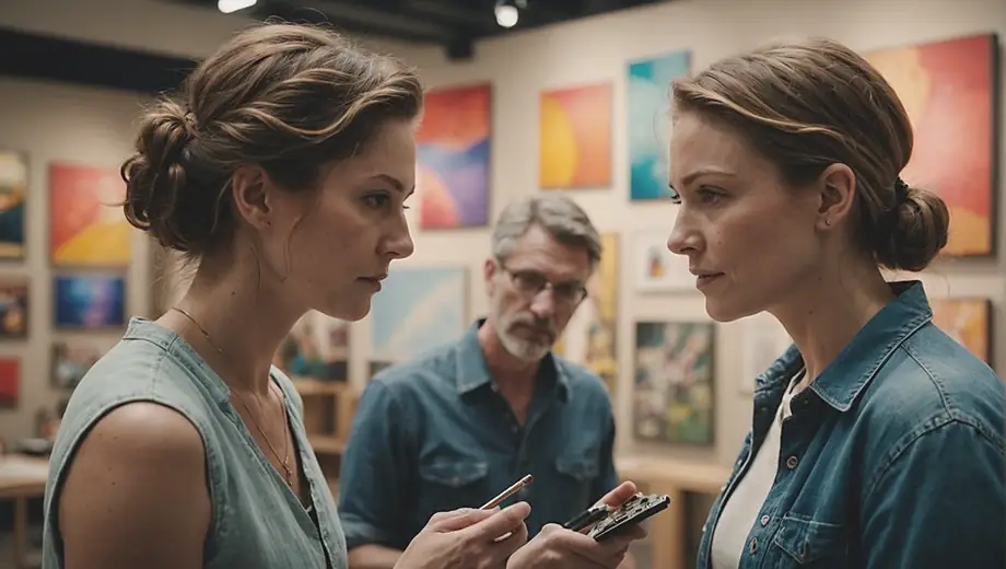 A customer discusses details with a professional on site during an art installation, surrounded by vibrant artwork and tools.