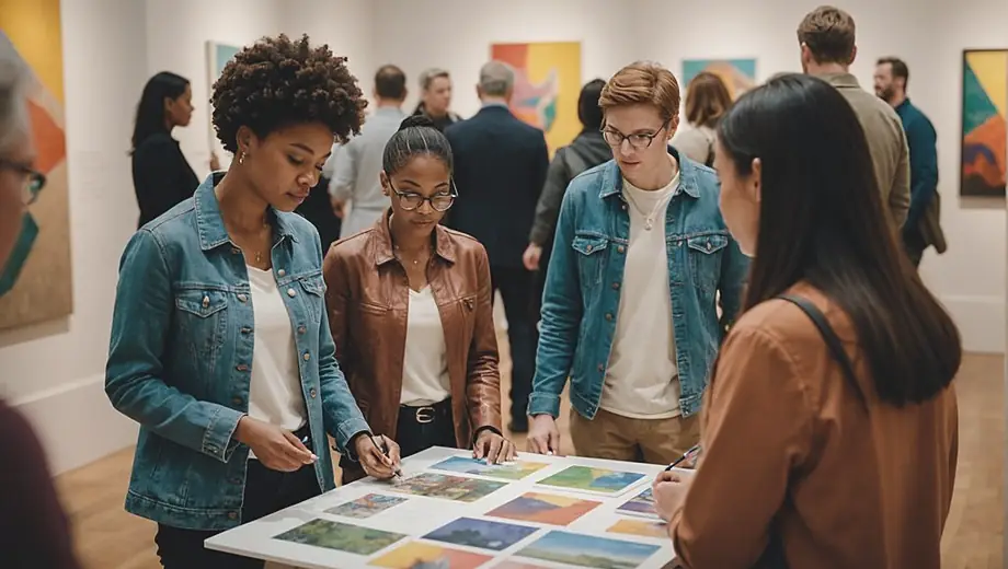 A diverse group of people exploring an art exhibit, admiring colorful paintings and sculptures while engaging in conversation and taking notes.