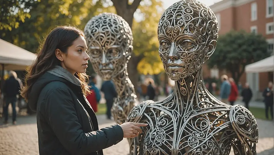 A person stands beside a large, intricate sculpture installation in an outdoor setting, examining the artwork with curiosity.