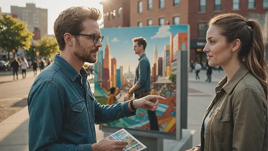 A customer discusses a public art installation with a professional on site, surrounded by vibrant murals and sculptures, highlighting the collaboration between community and artists.