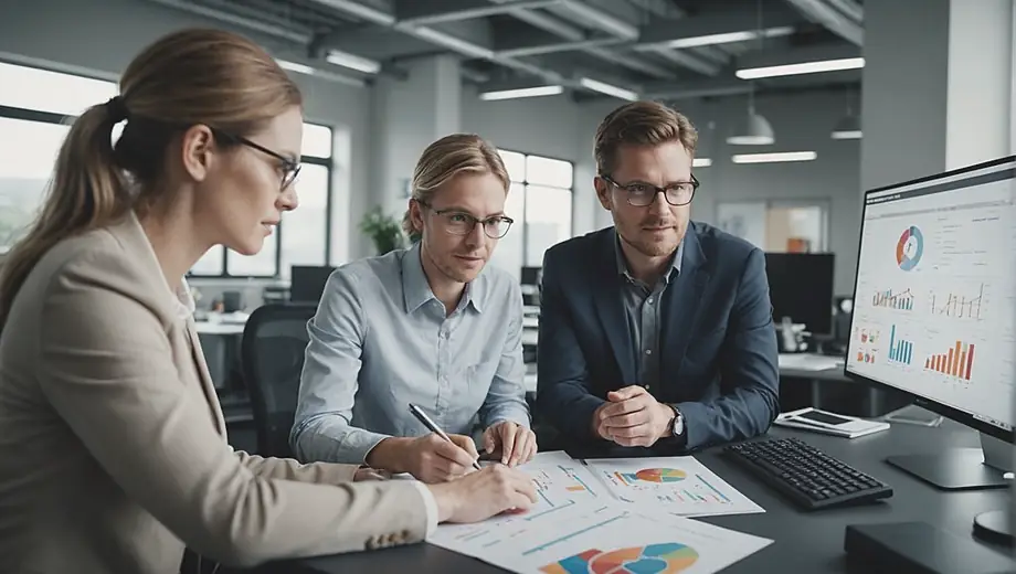 A customer and a professional discuss asset management strategies on-site, surrounded by equipment and charts, highlighting collaboration and expertise.