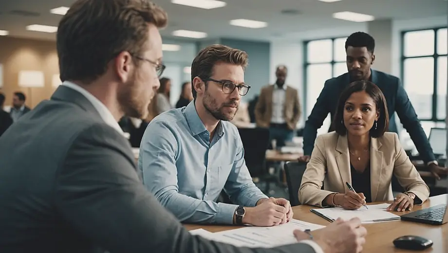 A diverse group of professionals collaborating in a modern office setting, discussing strategies and analyzing data for an asset management firm.