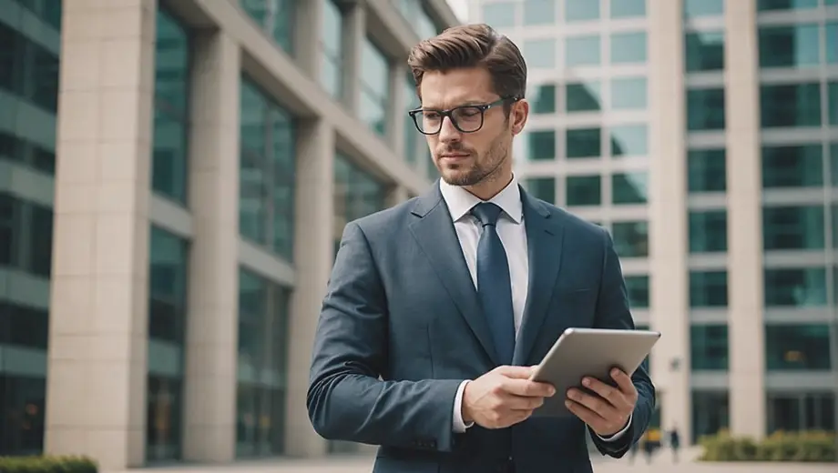 A professional individual stands confidently in front of a modern investment firm building, dressed in business attire and holding a tablet, symbolizing expertise and dedication in finance.