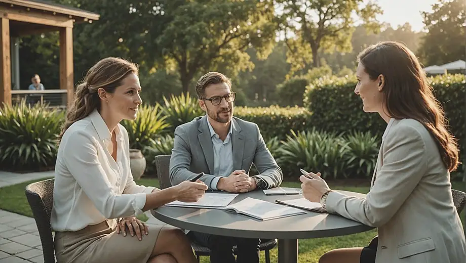 A customer and a professional engage in a discussion about wealth management at an outdoor meeting space, surrounded by greenery and a modern setting, highlighting a personalized approach to financial planning.