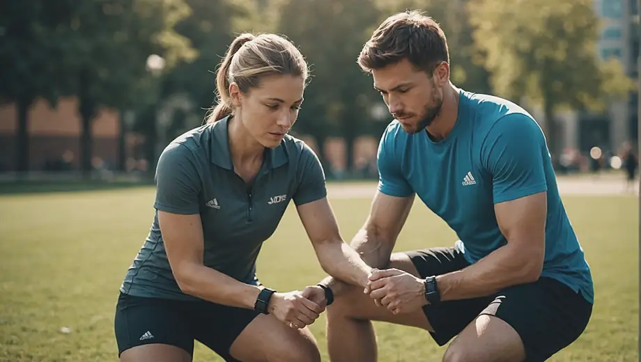 A customer and a professional engage in a hands-on athletic training session outdoors, demonstrating exercises and techniques to enhance performance and prevent injuries.