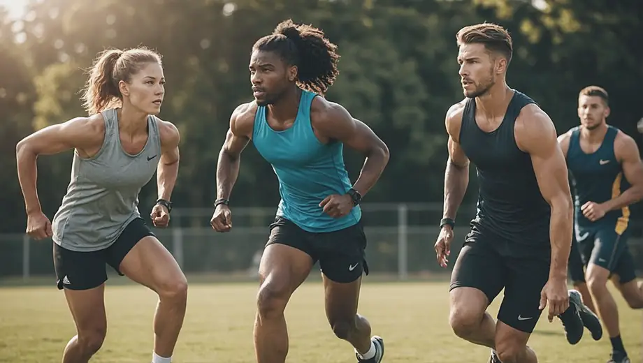 A diverse group of athletes engaged in sports training, practicing drills on a sunny outdoor field, showcasing teamwork and determination.