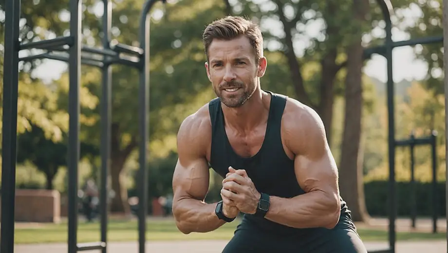 A fitness coach demonstrates an exercise on-site, showcasing their expertise and engaging with a client in a vibrant outdoor setting.