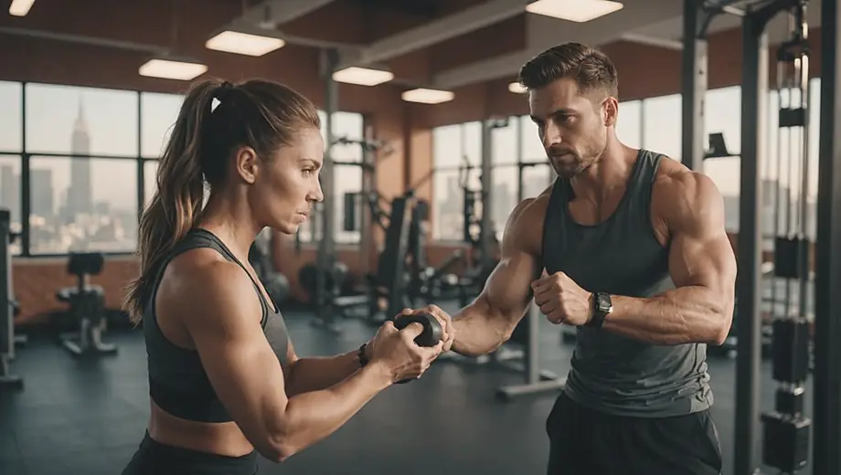 A personal trainer demonstrates an exercise to a customer at a gym, providing guidance and support while they work out together.