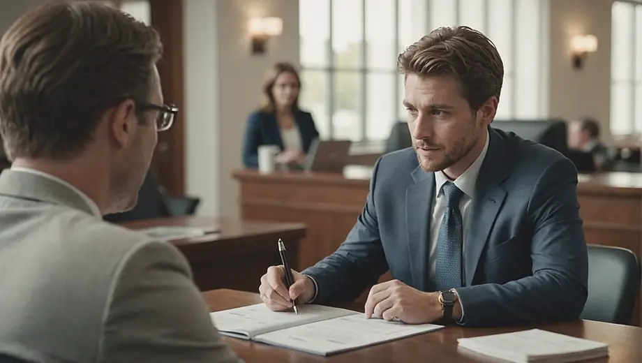 A customer and an attorney discuss legal matters on-site, with the attorney providing guidance and support in a professional setting.