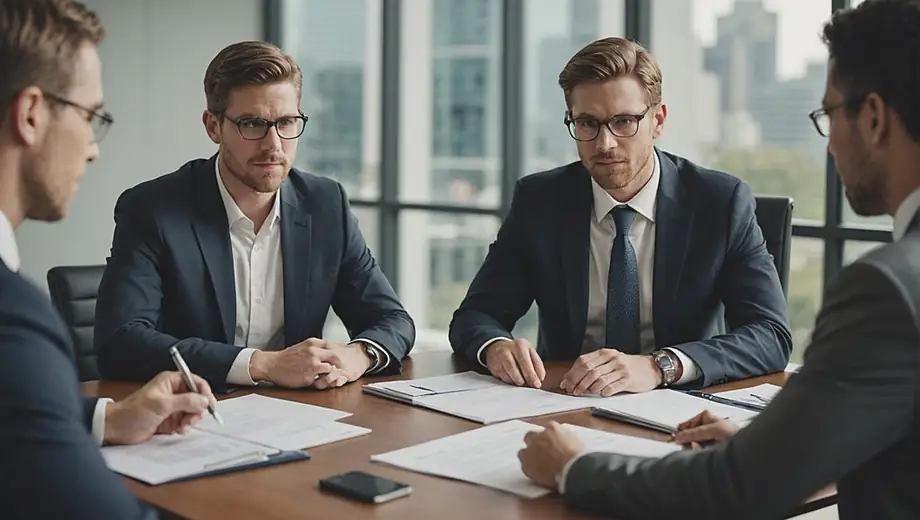 A diverse group of lawyers engaged in a discussion around a conference table, reviewing legal documents and sharing insights.