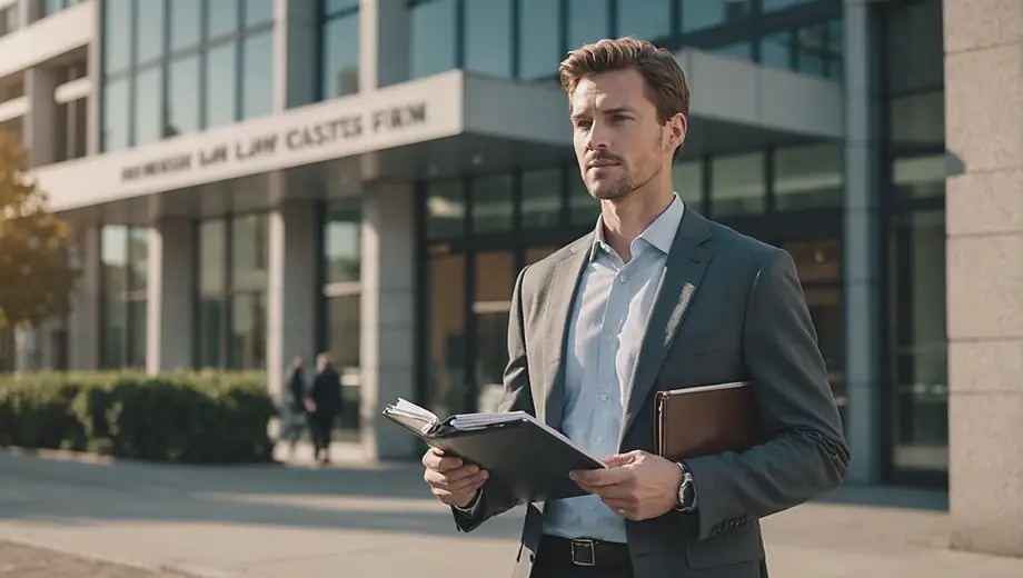 A professional individual in business attire stands confidently in front of a modern law firm building, holding a briefcase and looking towards the camera.