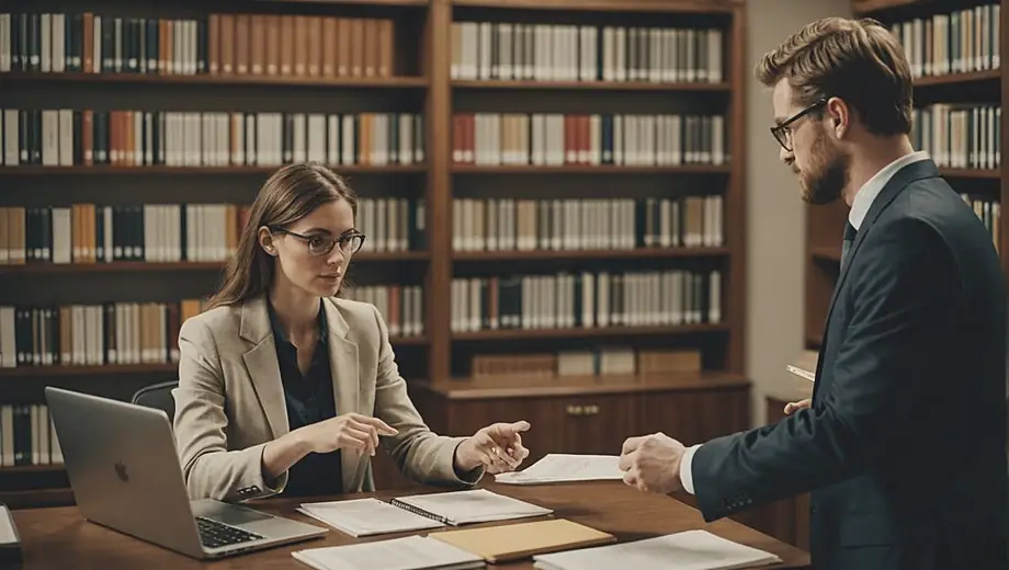 A customer and a professional discuss documents at a legal office, surrounded by shelves filled with legal books and files, highlighting a collaborative atmosphere.