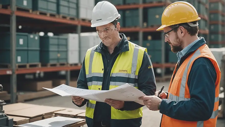 A customer and a professional engage in a discussion on site, reviewing documents and inspecting equipment as part of an auditing process.