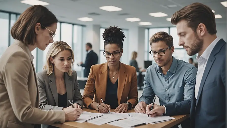 A diverse group of professionals collaborates in a modern office, reviewing financial documents and discussing auditing services to ensure compliance and accuracy.
