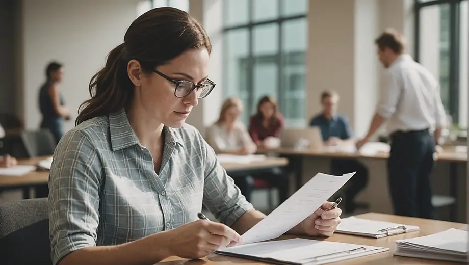 A compliance auditor reviews documents on-site, focused on ensuring regulatory standards are met.