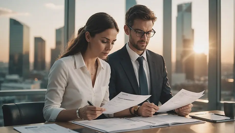 A customer and a financial auditor discuss documents on-site, reviewing financial records and ensuring compliance during a financial auditing process.