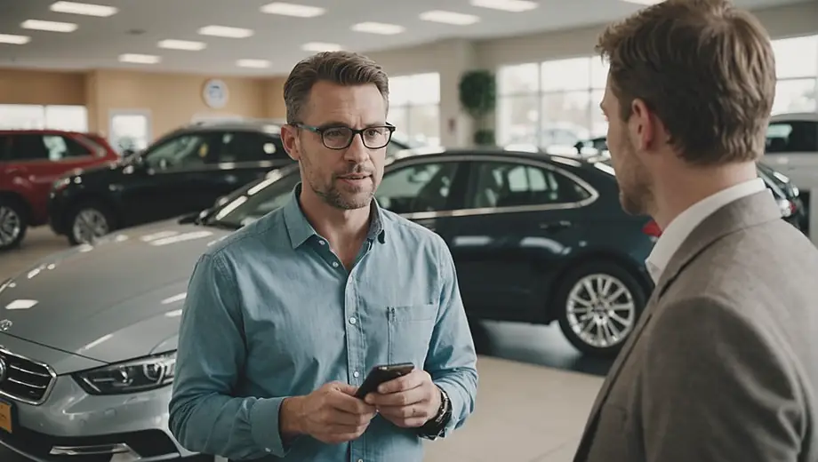 A customer discusses vehicle options with a professional at an automotive dealership, surrounded by various cars on display.