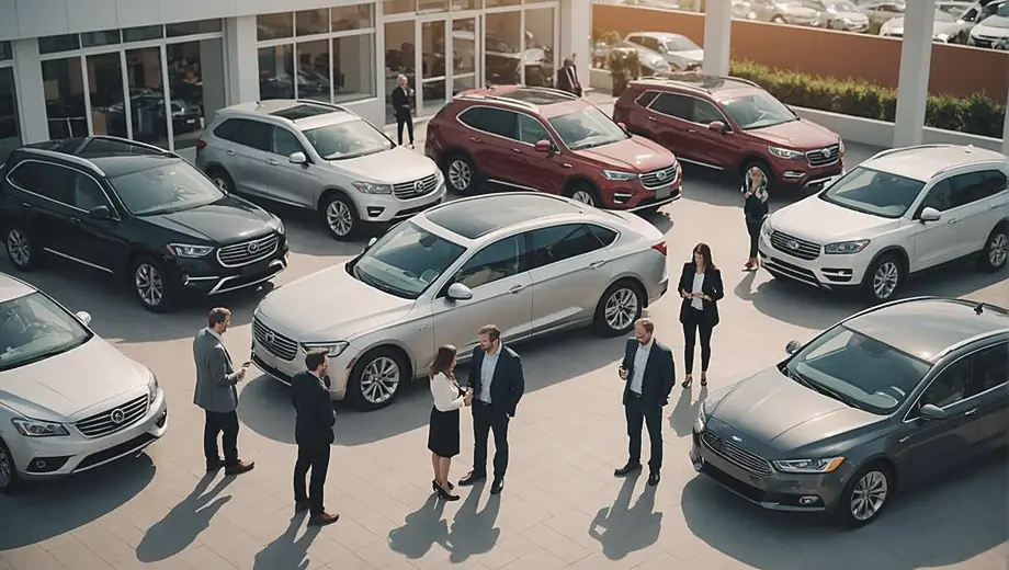 A diverse group of people exploring a car dealership, examining various vehicles and discussing options with sales representatives.