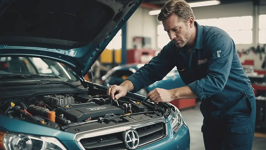 A mechanic working diligently on a car in an auto repair shop, surrounded by tools and equipment.