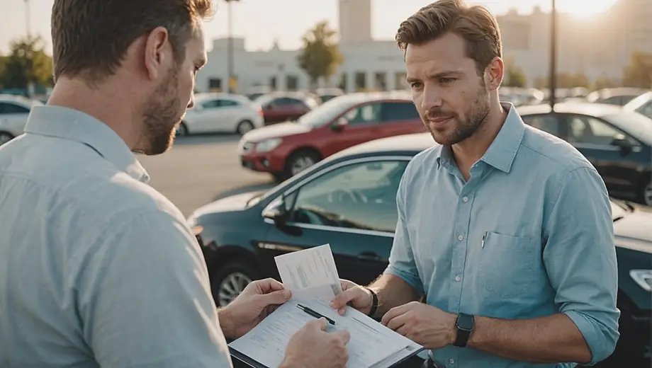 A customer discusses vehicle sales with a professional at a dealership, examining a car while reviewing paperwork.