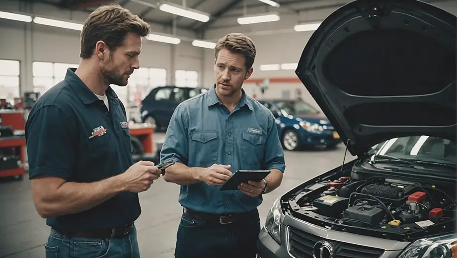 A customer discusses their vehicle's issues with a professional at an automotive repair shop, surrounded by tools and car parts.