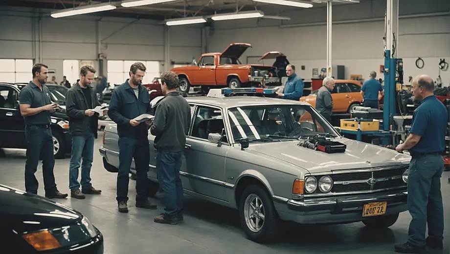 A diverse group of people is gathered in an auto repair shop, with a mechanic working under a car while customers discuss services at the reception desk. Tools and car parts are visible in the background, highlighting the busy atmosphere of the shop.
