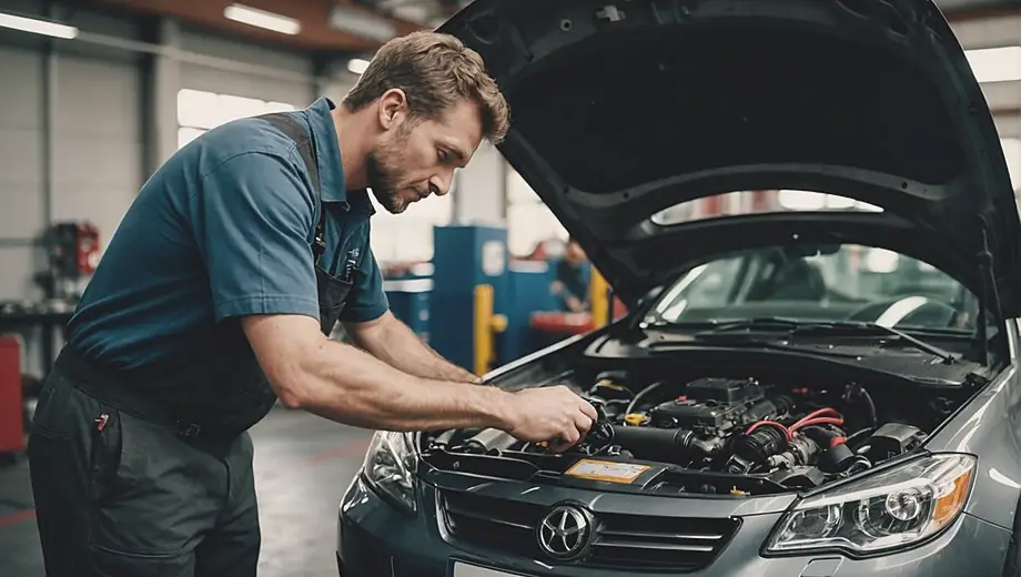 A mechanic performing vehicle maintenance on a car in a well-equipped garage, focused on checking the engine.