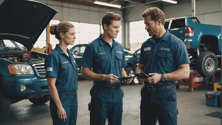 A car mechanic in a blue uniform discusses repairs with a customer beside a lifted vehicle in a well-lit garage, tools and parts visible in the background.