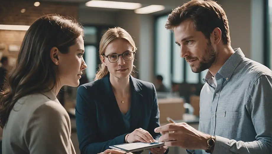 A customer and a professional engage in a discussion on-site, reviewing project details and collaborating on a B2B solution.