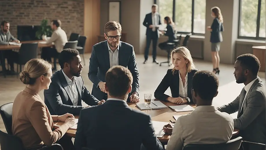 A diverse group of professionals engaged in a business to business meeting, discussing strategies and exchanging ideas around a conference table.