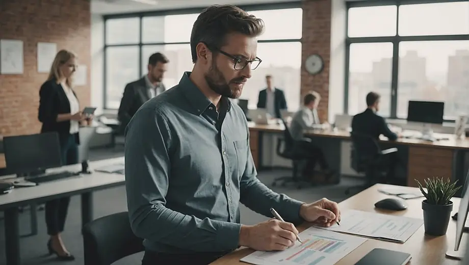 A professional standing at a modern office desk, engaged in a discussion about B2B services, surrounded by charts and digital devices.