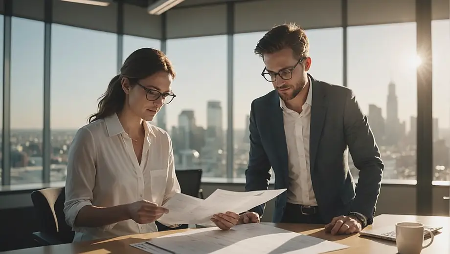 A customer and a professional discuss B2B solutions on-site, reviewing documents and collaborating on a project in a modern office environment.