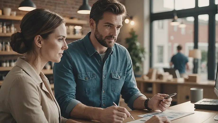 A customer and a professional engage in a discussion on site, showcasing a B2C interaction as they review product options and solutions.