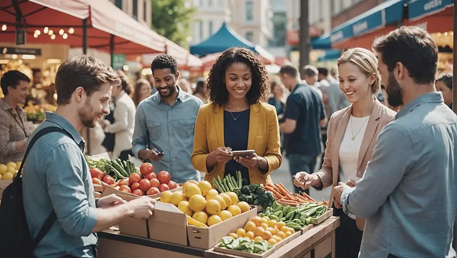 A diverse group of people engaging in a business to consumer transaction at a vibrant marketplace, showcasing various products and services.